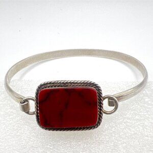 Sterling Silver Mexico 925 Red Stone Bangle Bracelet 6.5"